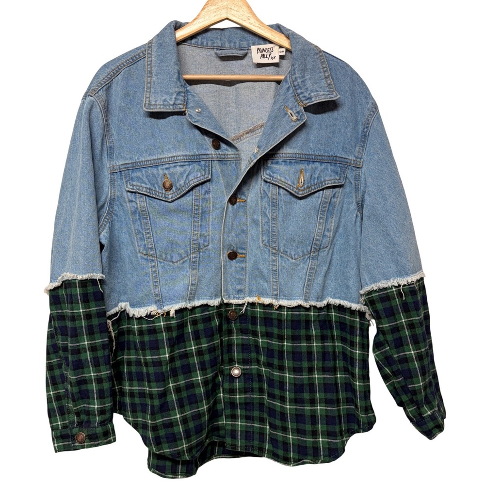 Princess Polly Jean Jacket Shacket Plaid Flannel Distressed Grunge Indie Baggy S